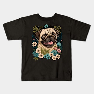 Happy Pug and Flowers Dog Illustration Kids T-Shirt